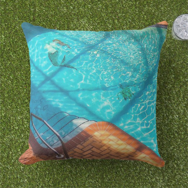 Mermaid in a Swimming Pool Outdoor Pillow (Grass)