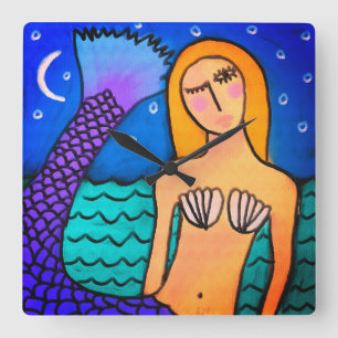 Mermaid in the Moonlight Abstract Art Square Wall Clock