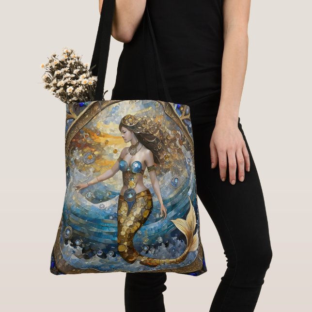Mermaid in the Ocean Waves Tote Bag (Close Up)