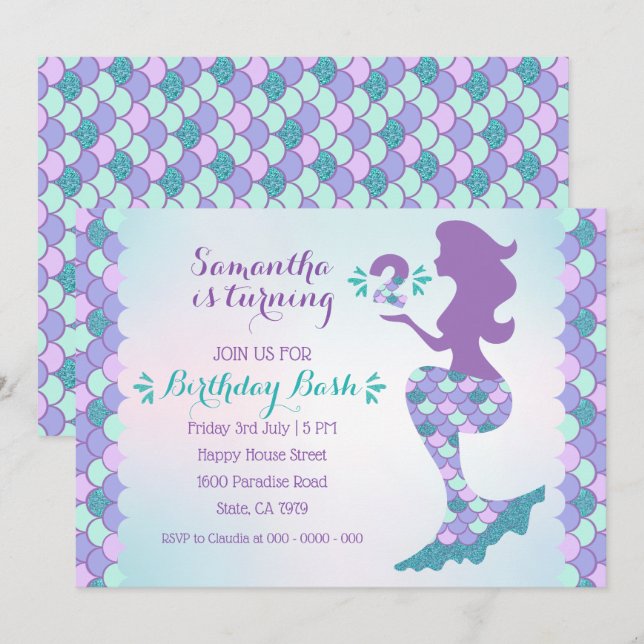 Mermaid Invitation Anniversaire Sirène Numéro 2 (Devant / Derrière)