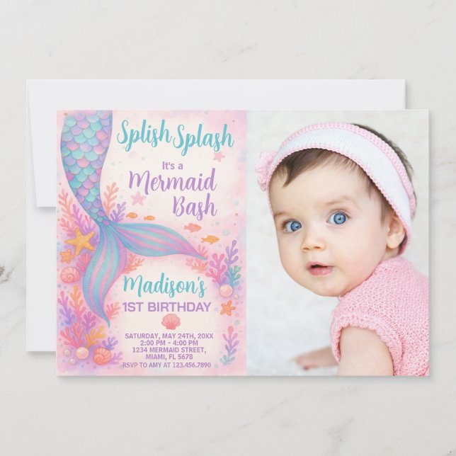Mermaid Invitation d'anniversaire avec photo (Devant)