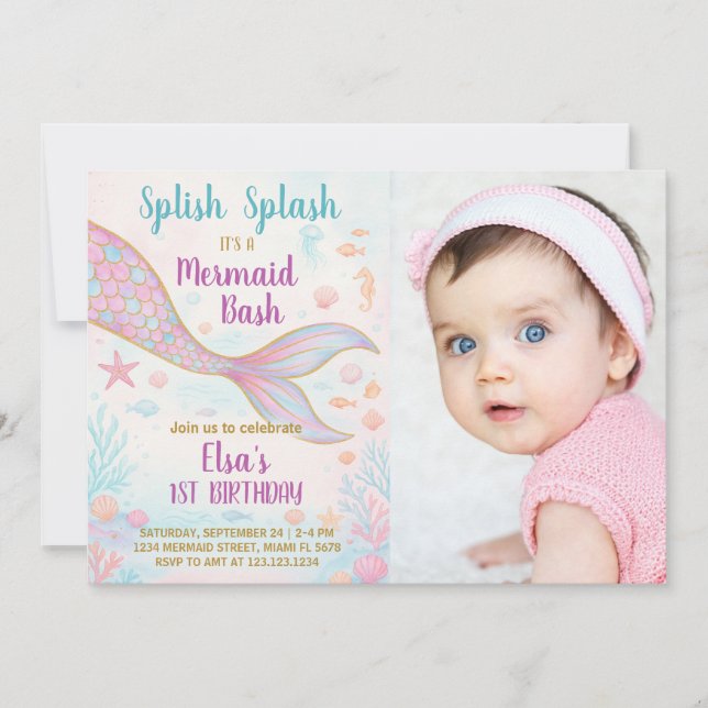 Mermaid Invitation d'anniversaire avec photo (Devant)