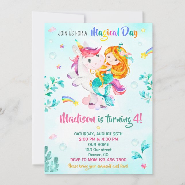 Mermaid invitation d'anniversaire Fille Fête magiq (Devant)