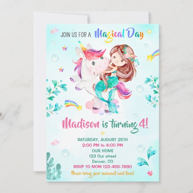 Mermaid invitation d'anniversaire Fille Fête magiq (Devant)