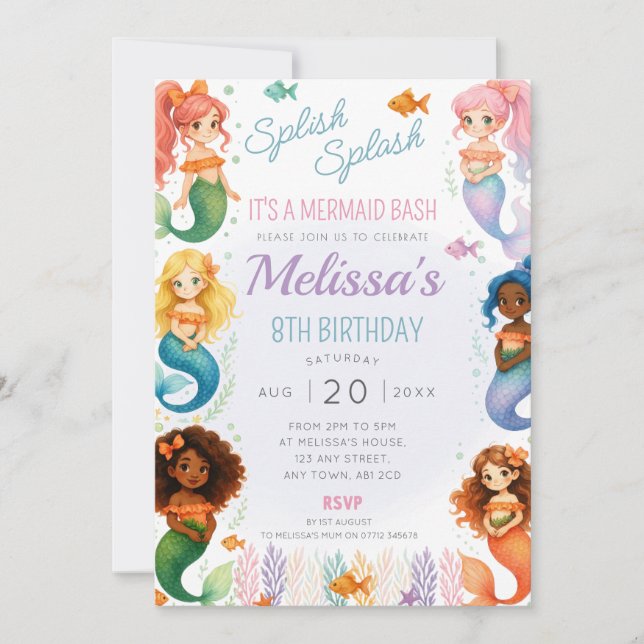 Mermaid Invitation de fête d'anniversaire Splish S (Devant)