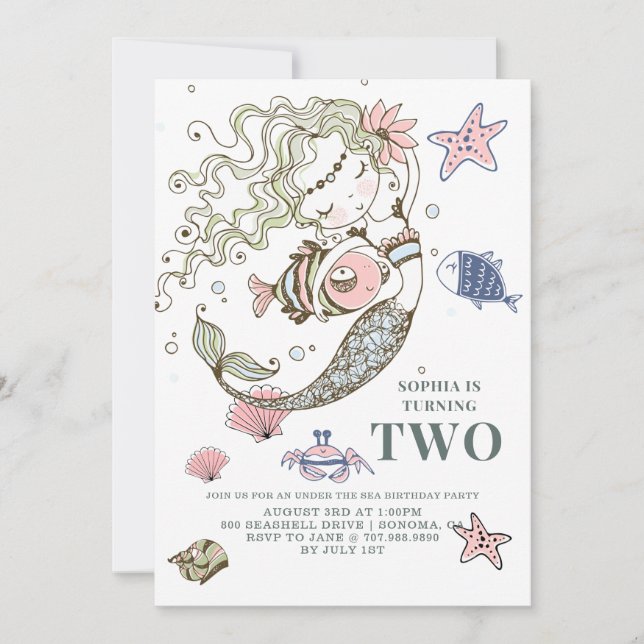Mermaid Invitation de fête du 2e anniversaire (Devant)