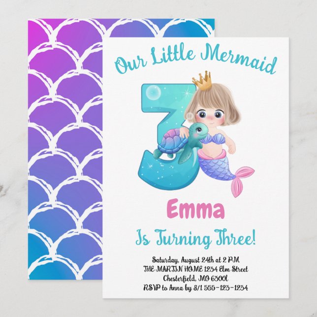 Mermaid Invitation de fête du 3e anniversaire (Devant / Derrière)