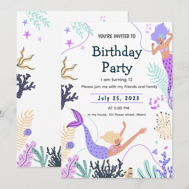 Mermaid Invitation for an Under the Sea Birthday  (Front/Back)