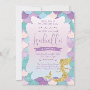 Mermaid Invitation for Birthday Party Gold Glitter