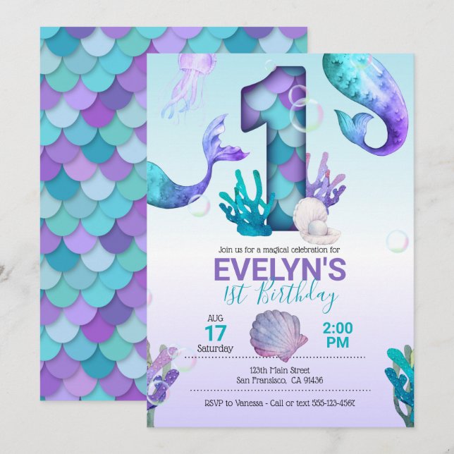 Mermaid Invitation w/ Mermaid Tail (Front/Back)