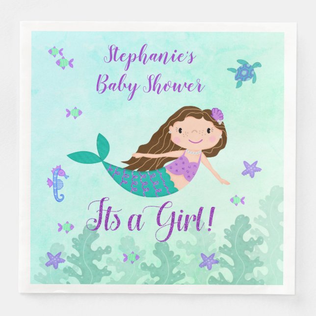 Mermaid It's A Girl Baby Shower Napkin (Front)