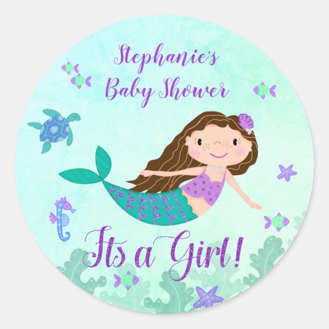 Mermaid Its A Girl Baby Shower Personalized Classic Round Sticker (Front)