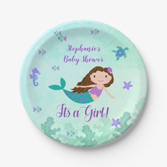 Mermaid It's A Girl Baby Shower Personalized Paper Plate (Front)