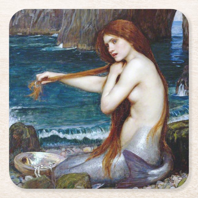 Mermaid, John William Waterhouse Square Paper Coaster (Front)