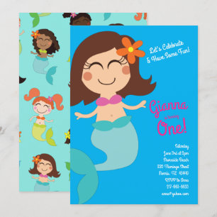 Mermaid Kids Birthday Brown Hair Invitation