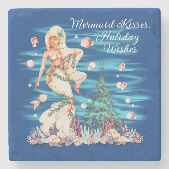 Mermaid Kisses, Holiday Wishes Stone Coaster (Front)