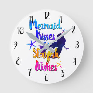 Mermaid Kisses & Starfish Wishes Watercolor Beachy Round Clock