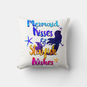 Mermaid Kisses & Starfish Wishes Watercolor Beachy Throw Pillow