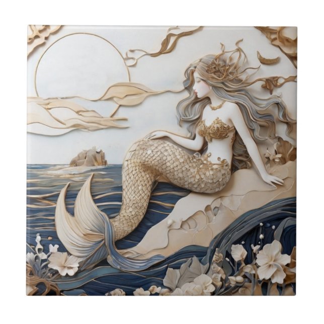 Mermaid Left sided Faux Relief Japanese Asian art Tile (Front)