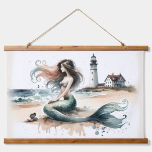 Mermaid Lighthouse Coastal Watercolor Scene Hanging Tapestry