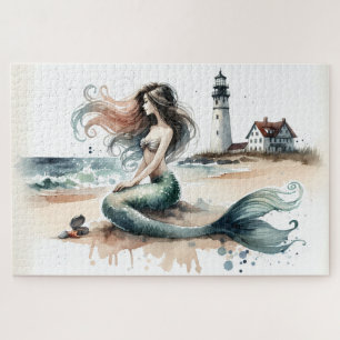Mermaid Lighthouse Coastal Watercolor Scene Jigsaw Puzzle
