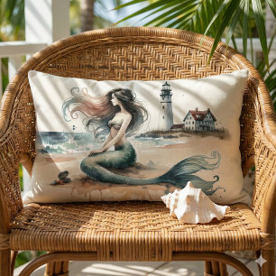 Mermaid Lighthouse Coastal Watercolor Scene Lumbar Pillow