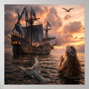Mermaid Looking At A Sailing Ship Poster