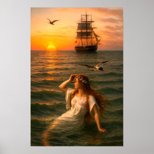 Mermaid Looking At Sailing Ship At Sunset Poster