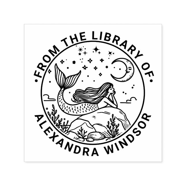 Mermaid Lying on Rocks, Moon Library Book Name Self-inking Stamp (Design)