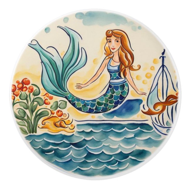 Mermaid Mediterranean Folk Art Ceramic Knob (Front)