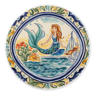 Mermaid Mediterranean Folk Art Ceramic Knob