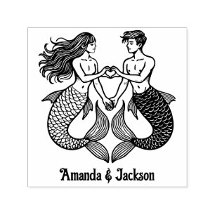 Mermaid Merman Sweethearts Making Heart Sign Names Self-inking Stamp