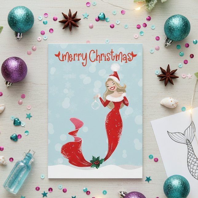 Mermaid Merry Christmas Bubbles Holiday Card (Creator Uploaded)