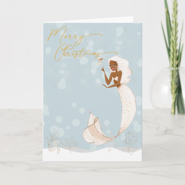 Mermaid Merry Christmas Gold  Holiday Card (Front)