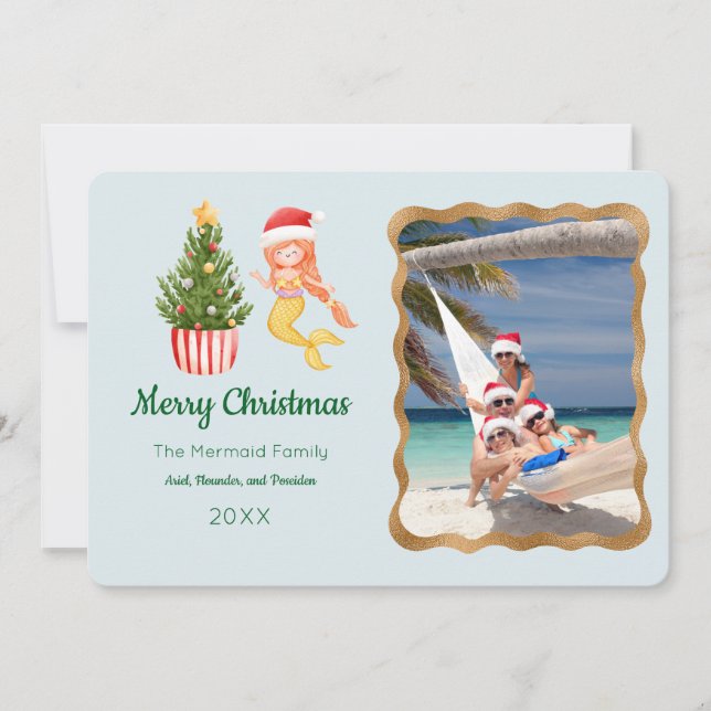Mermaid Merry Christmas Photo Greeting Card (Front)
