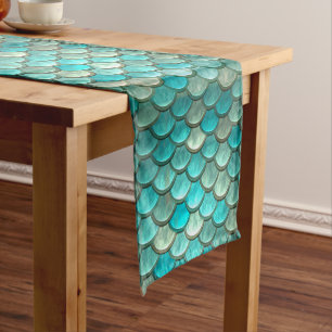 Mermaid minty green fish scales pattern short table runner