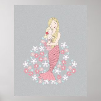 Mermaid Mom and Baby Girl Blonde mermaid Floral Poster