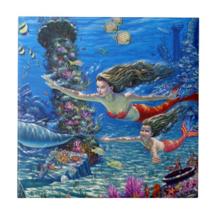 mermaid mom and baby tile