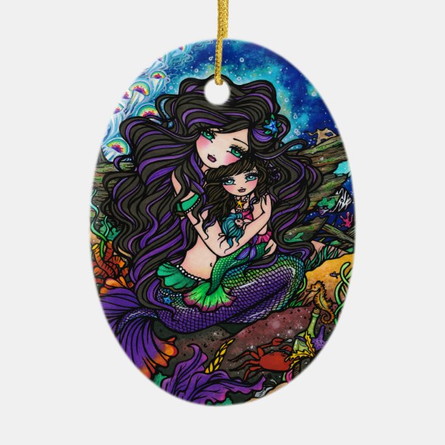 Mermaid Mom and Baby Underwater Art by Hannah Lynn Ceramic Ornament (Front)