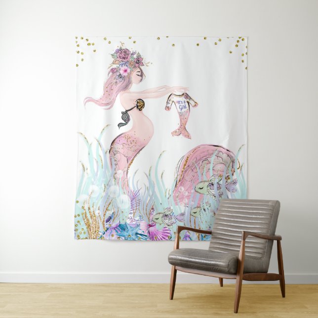 Mermaid Mom Baby Shower Backdrop Banners Tapestry (In Situ)