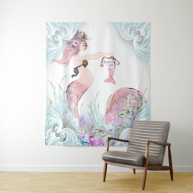 Mermaid Mom Baby Shower Backdrop Banners Tapestry (In Situ)