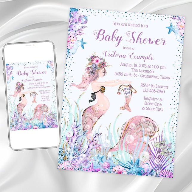 Mermaid Mom Baby Shower Invitations (Cute mermom baby shower invitation. Instant download and printed invitations available.)