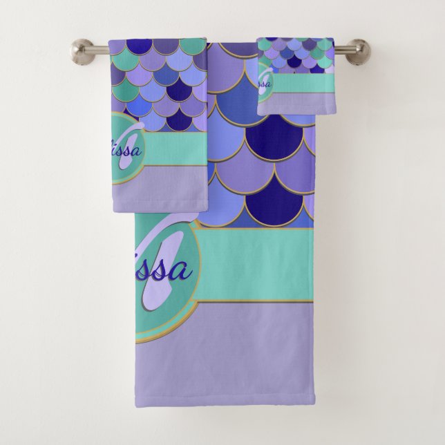 Mermaid Monogram + Name | Aqua Teal Purple Blue Bath Towel Set (Insitu)