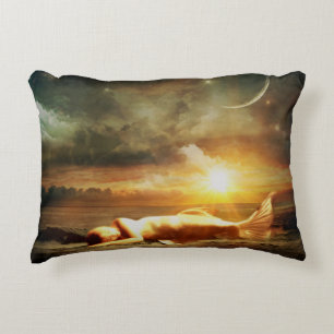 Mermaid moon beach and ocean brown green gold accent pillow