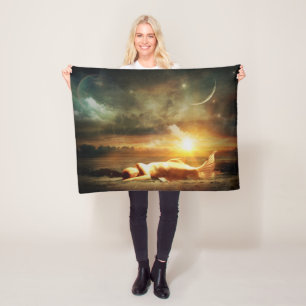 Mermaid moon beach and ocean fleece blanket