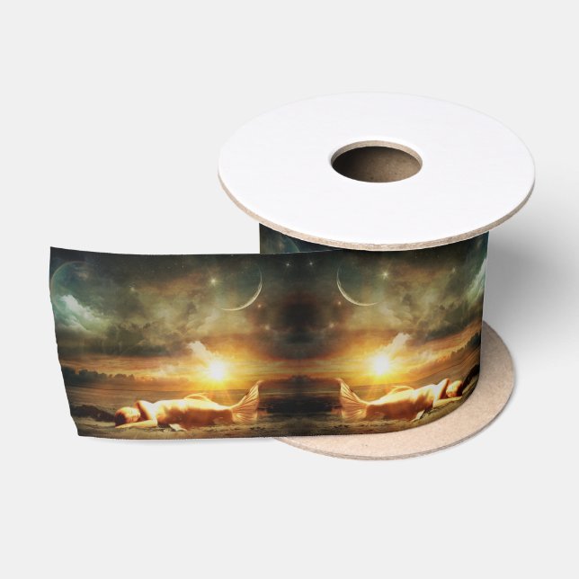 Mermaid moon beach and ocean gold green brown  satin ribbon (Spool)
