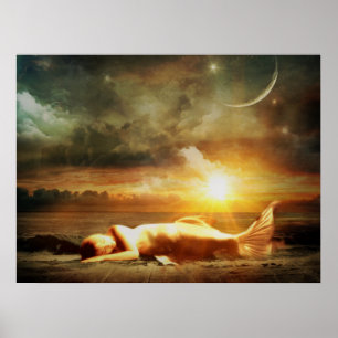 Mermaid moon beach and ocean poster