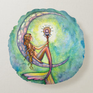 Mermaid Moon Fantasy Art by Molly Harrison Round Pillow