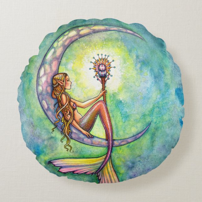 Mermaid Moon Fantasy Art by Molly Harrison Round Pillow (Front)