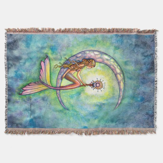 Mermaid Moon Fantasy Art by Molly Harrison Throw Blanket (Front)